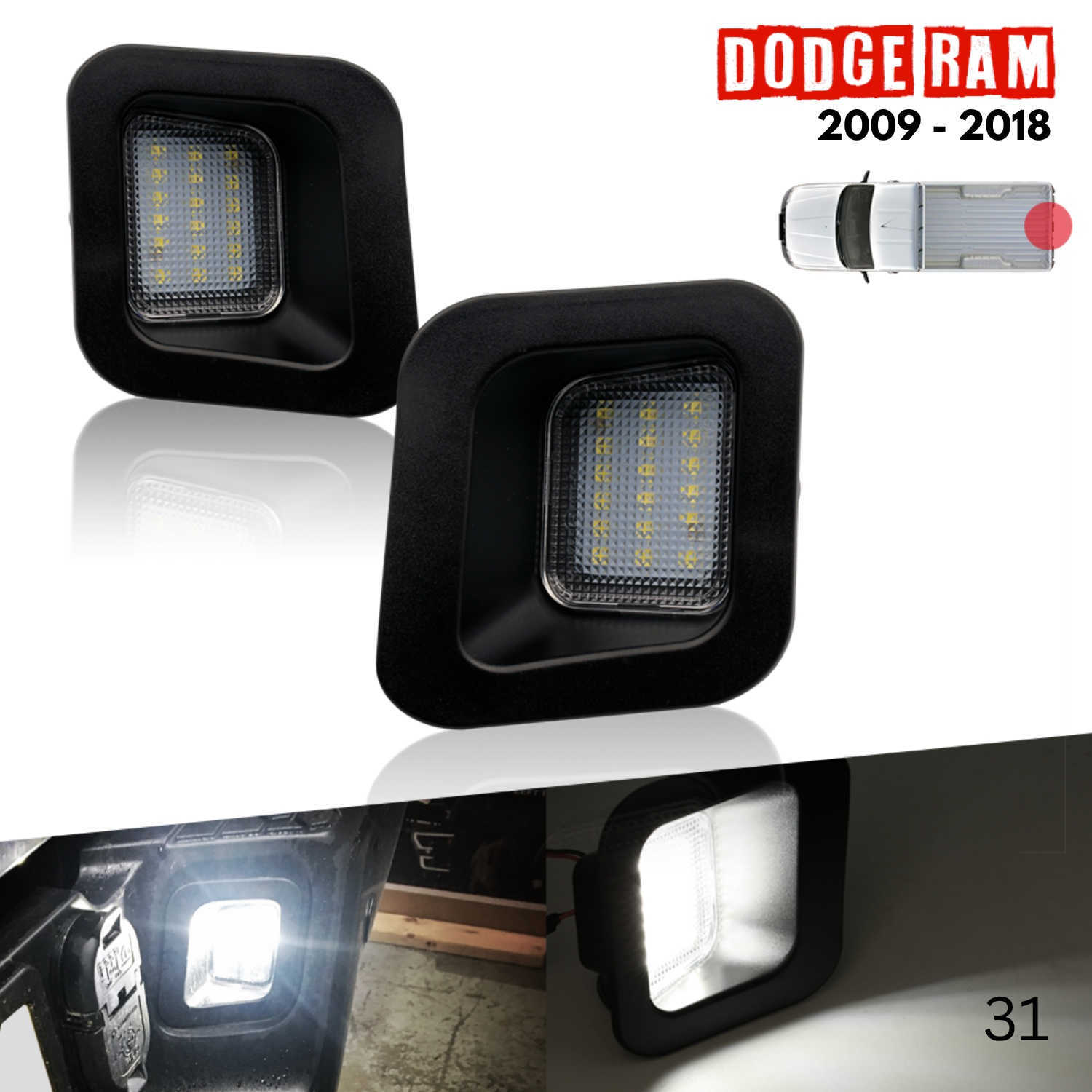 License plate light assembly for RAM 2009-2018. Two black square LED vehicle light badges shown on a white background, with a small car diagram and a Dodge Ram 2009-2018 logo. A lower strip shows the lights illuminated in a vehicle interior.