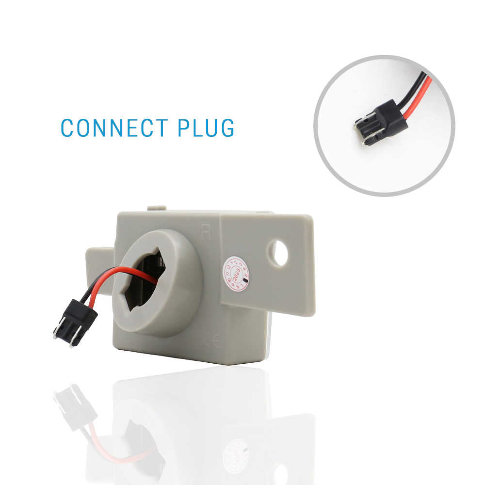 A gray plastic electrical connector component with a black and red wire connector, shown on a white background with a circular inset detail of the plug and the text 'CONNECT PLUG'.