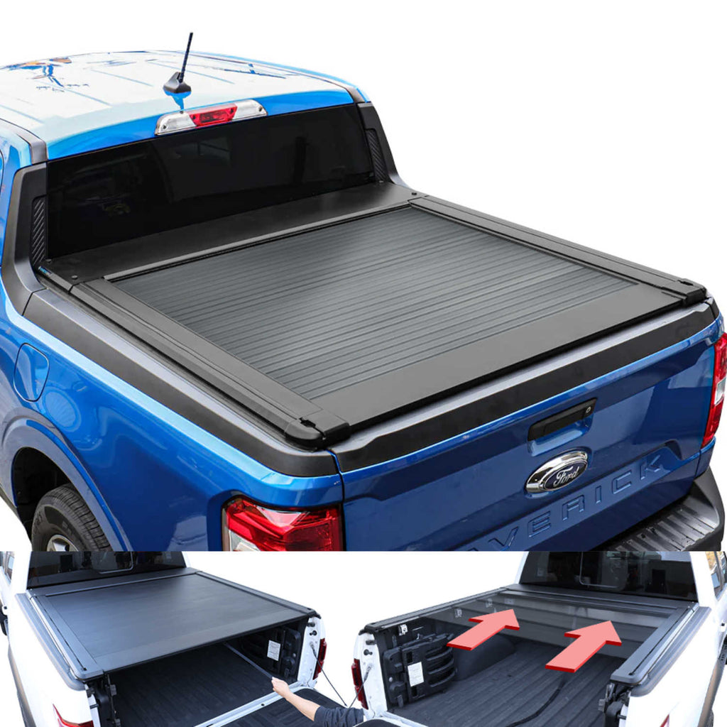 Blue Maverick with a black tonneau cover on a white background
