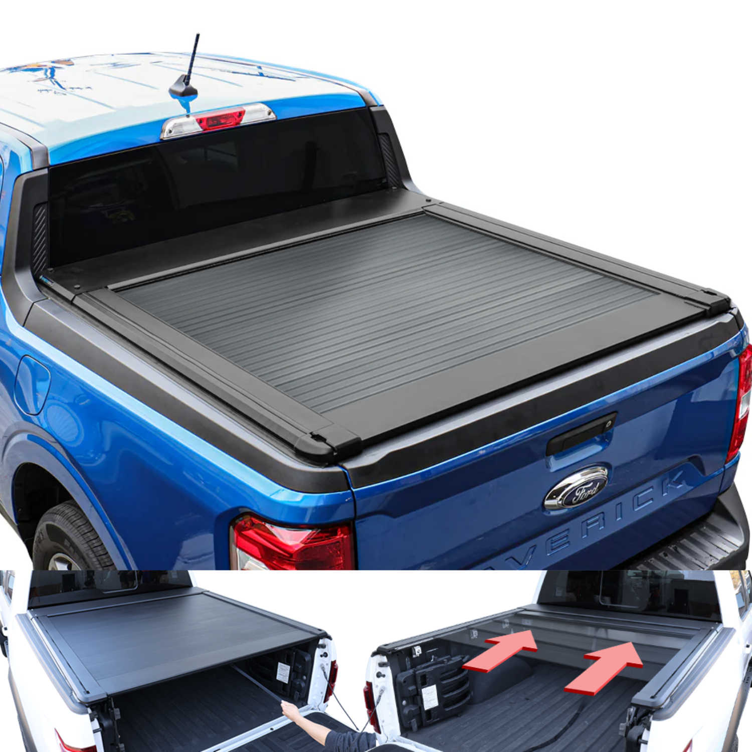 Blue Maverick with a black tonneau cover on a white background