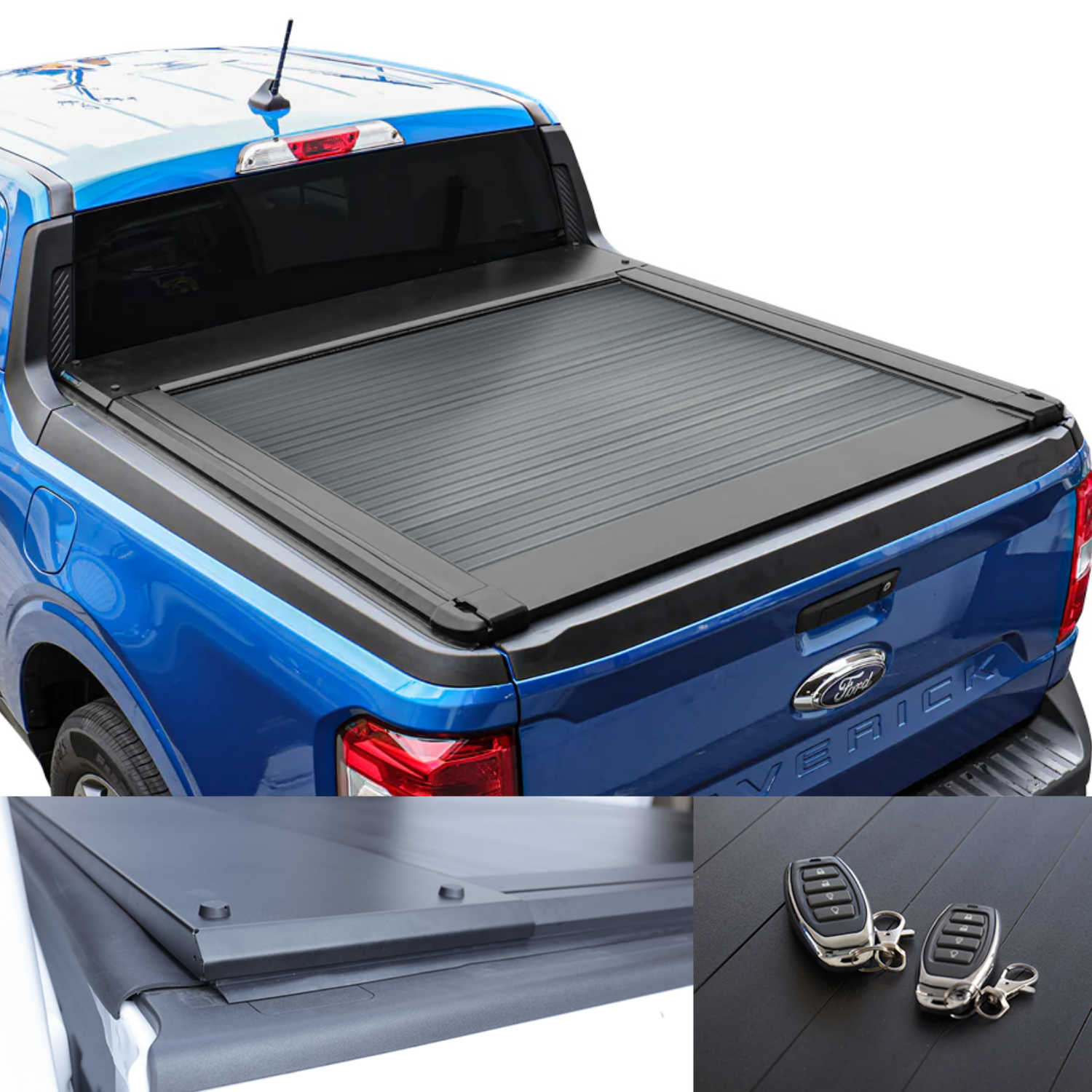 Maverick truck bed with tonneau cover and key fobs on a white background