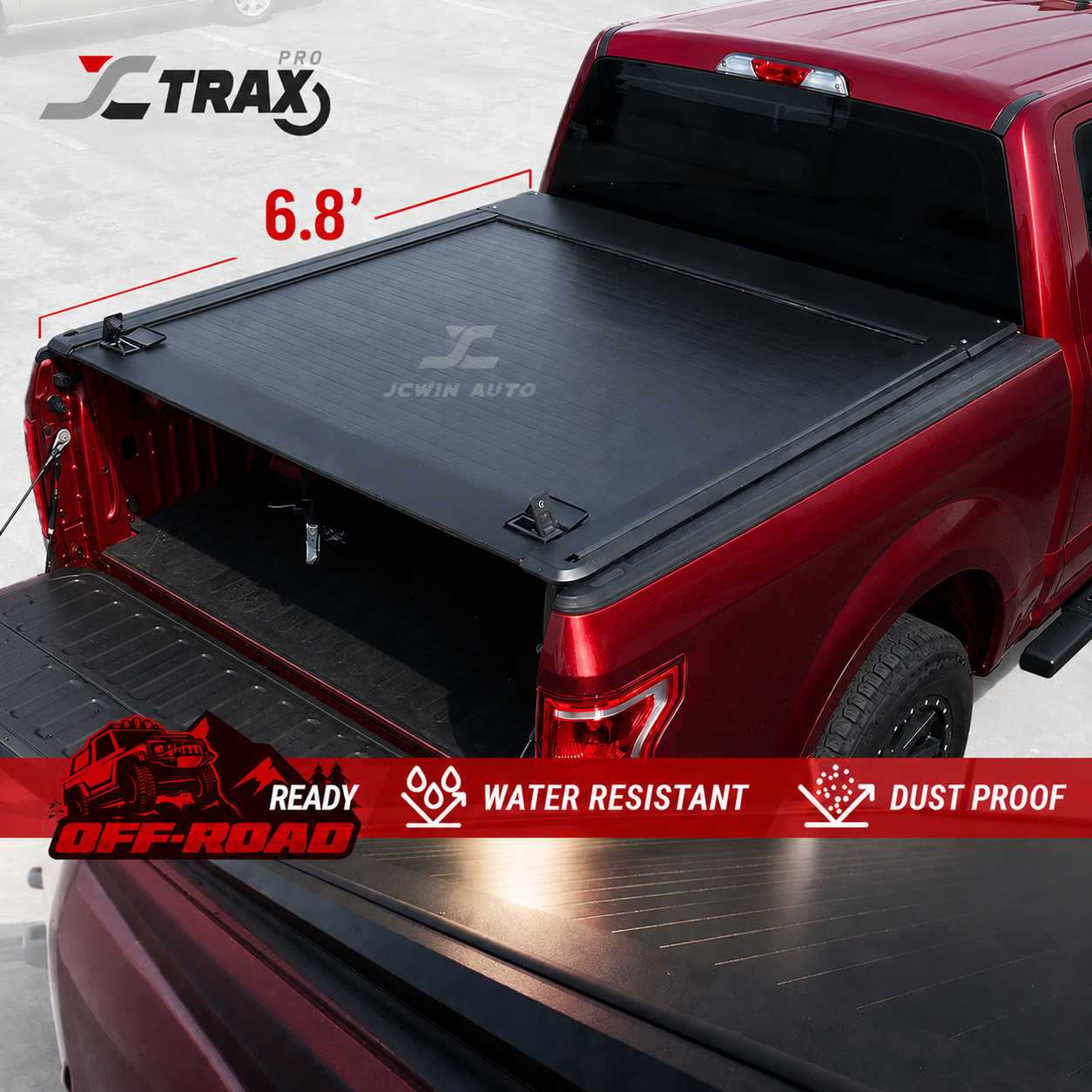 Black tonneau cover on a red truck with JCWIM AUTO branding, showing dimensions and features.