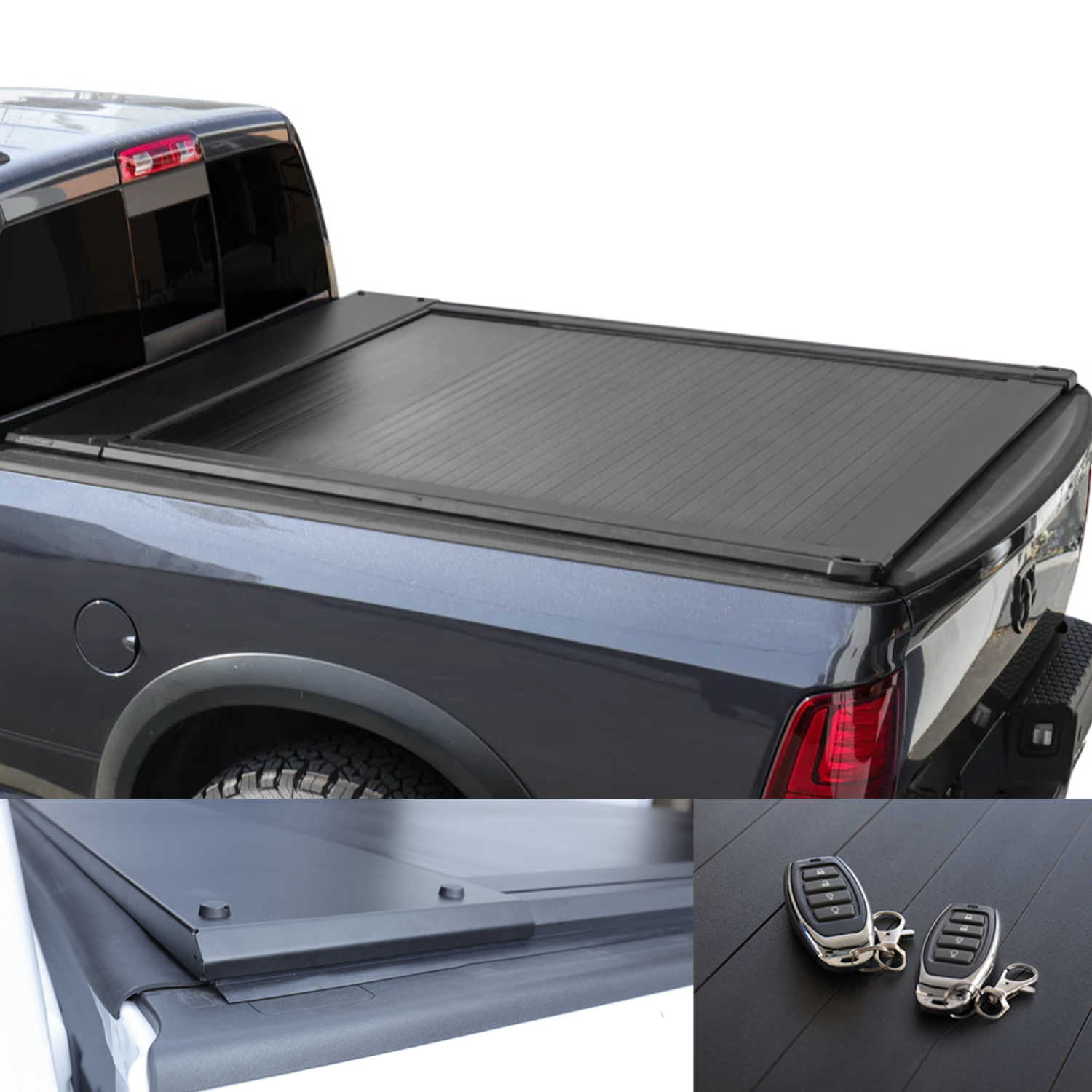Black tonneau cover on a RAM 2500 truck bed with remote controls displayed below.