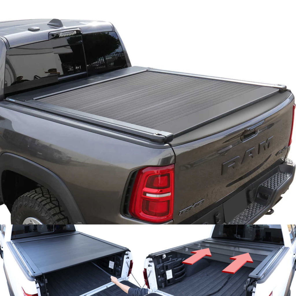 Gray RAM truck with a tonneau cover and an open storage compartment showing tools.