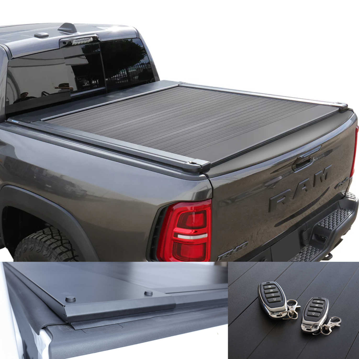 Gray RAM truck with a tonneau cover and remote controls on a white background