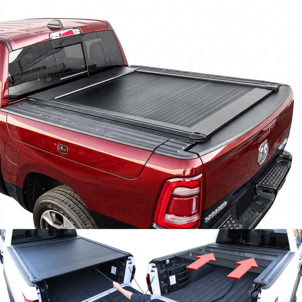black RAMbox truck with a tonneau cover and an open storage compartment showing tools.
