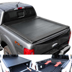 Black tonneau cover on a gray truck with open and closed views showing functionality.