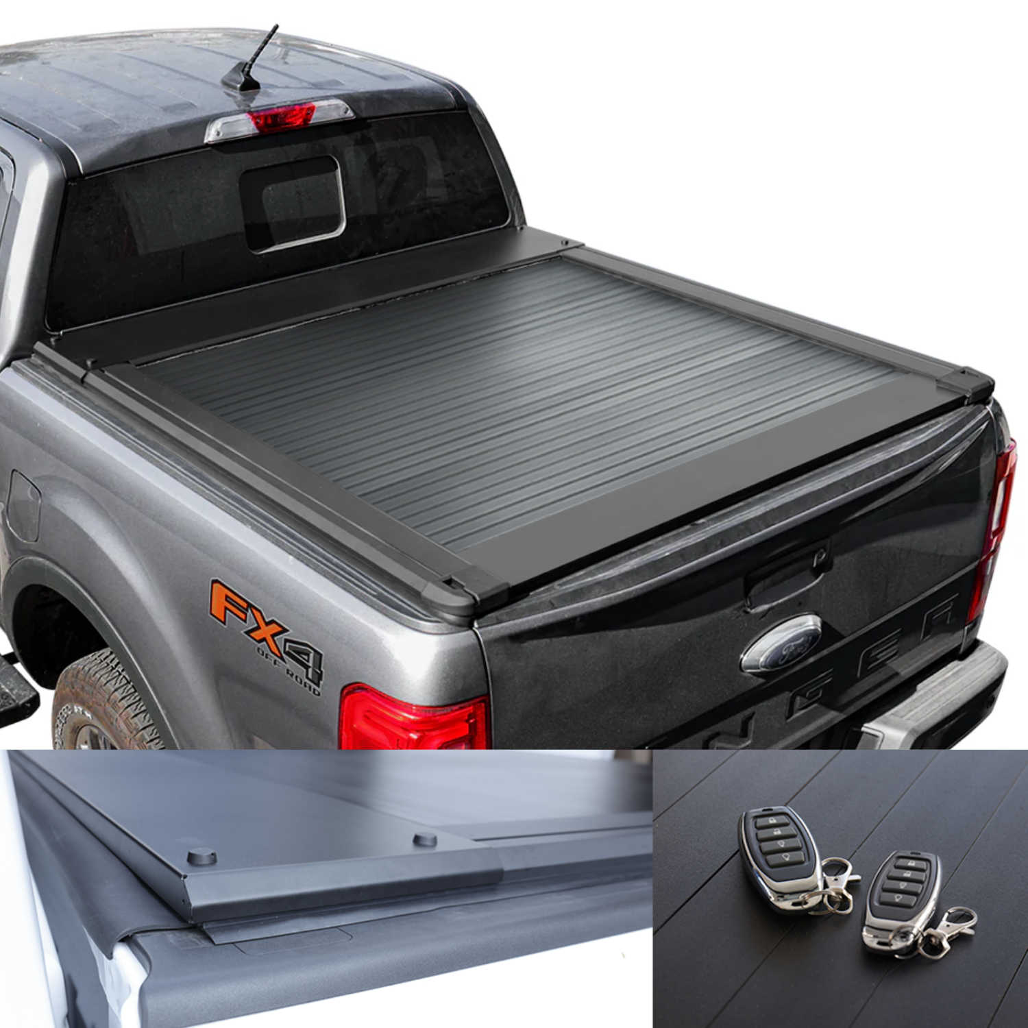 Gray Ranger truck with a tonneau cover and key fobs on a white background