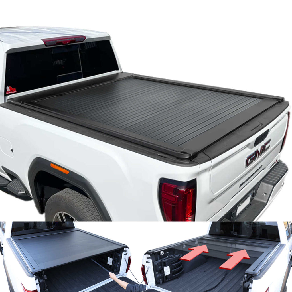 Black tonneau cover on a white truck with open and closed positions shown.
