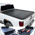 Black tonneau cover on a white truck with open and closed positions shown.
