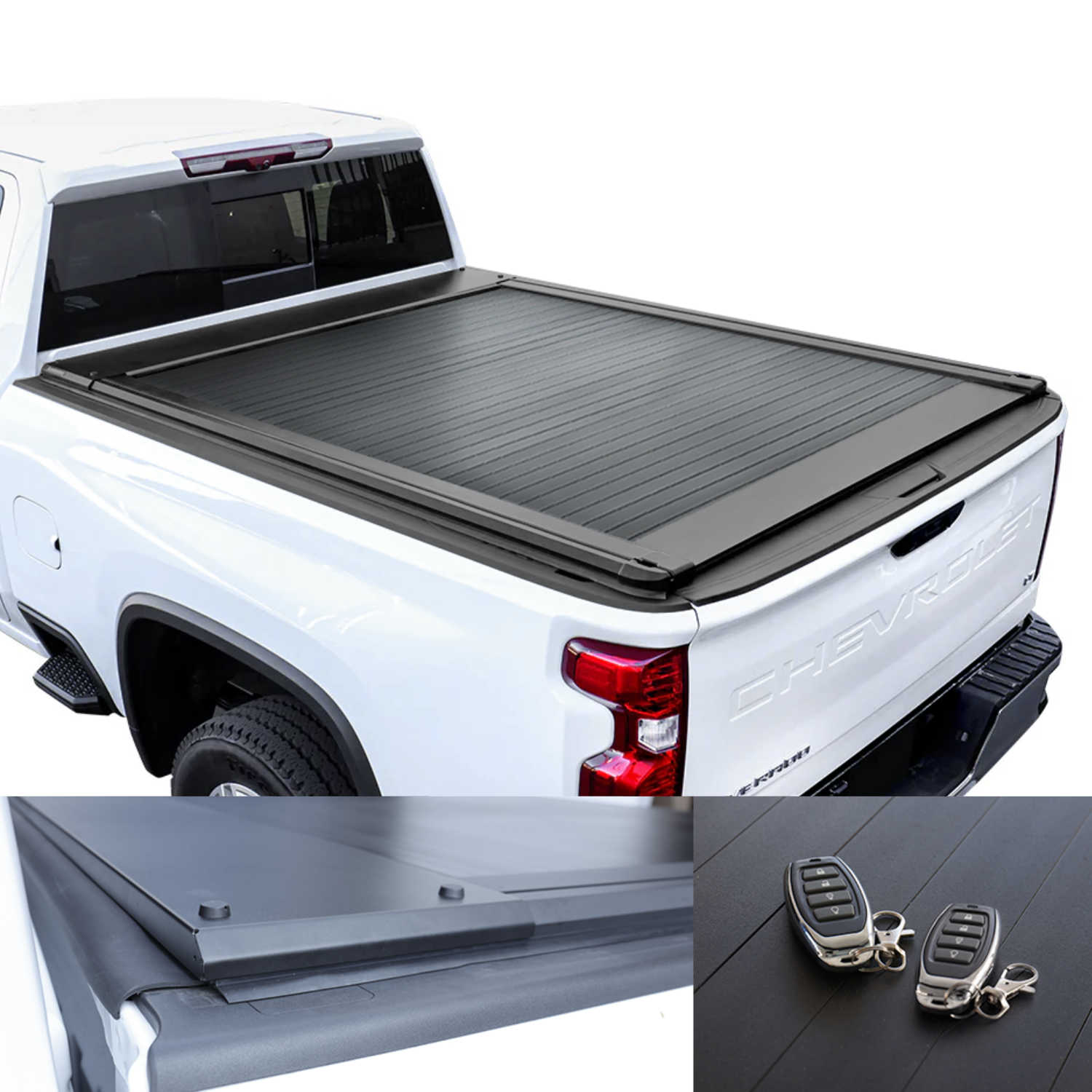 White Silverado truck with a black tonneau cover and remote control on a white background
