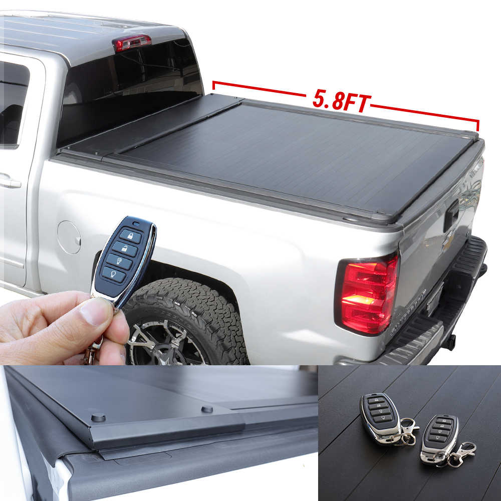 Silverado Truck bed cover with remote control and dimensions displayed