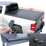 Silverado Truck bed cover with remote control and dimensions displayed