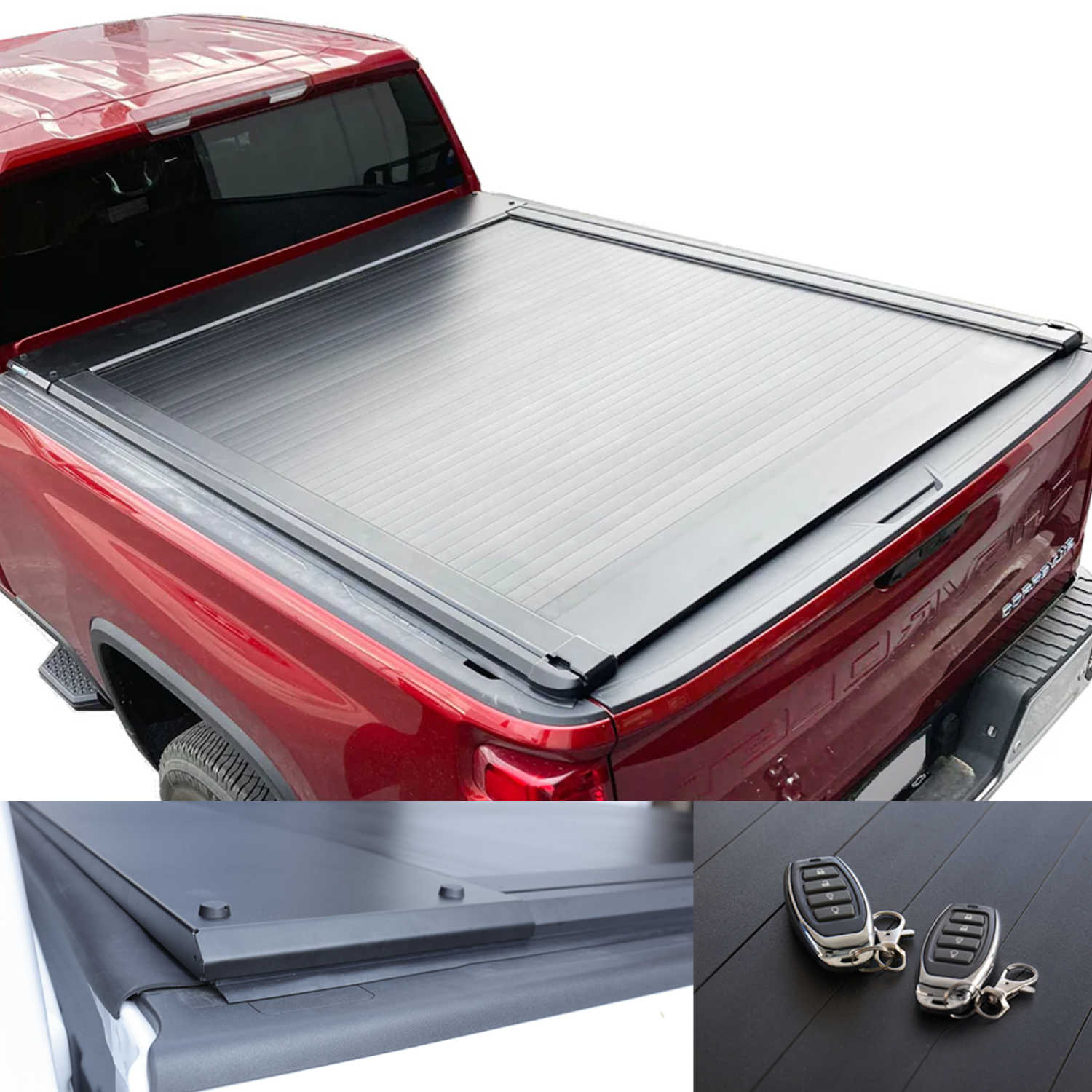 Red Silverado truck standard bed with a tonneau cover and remote controls on a white background