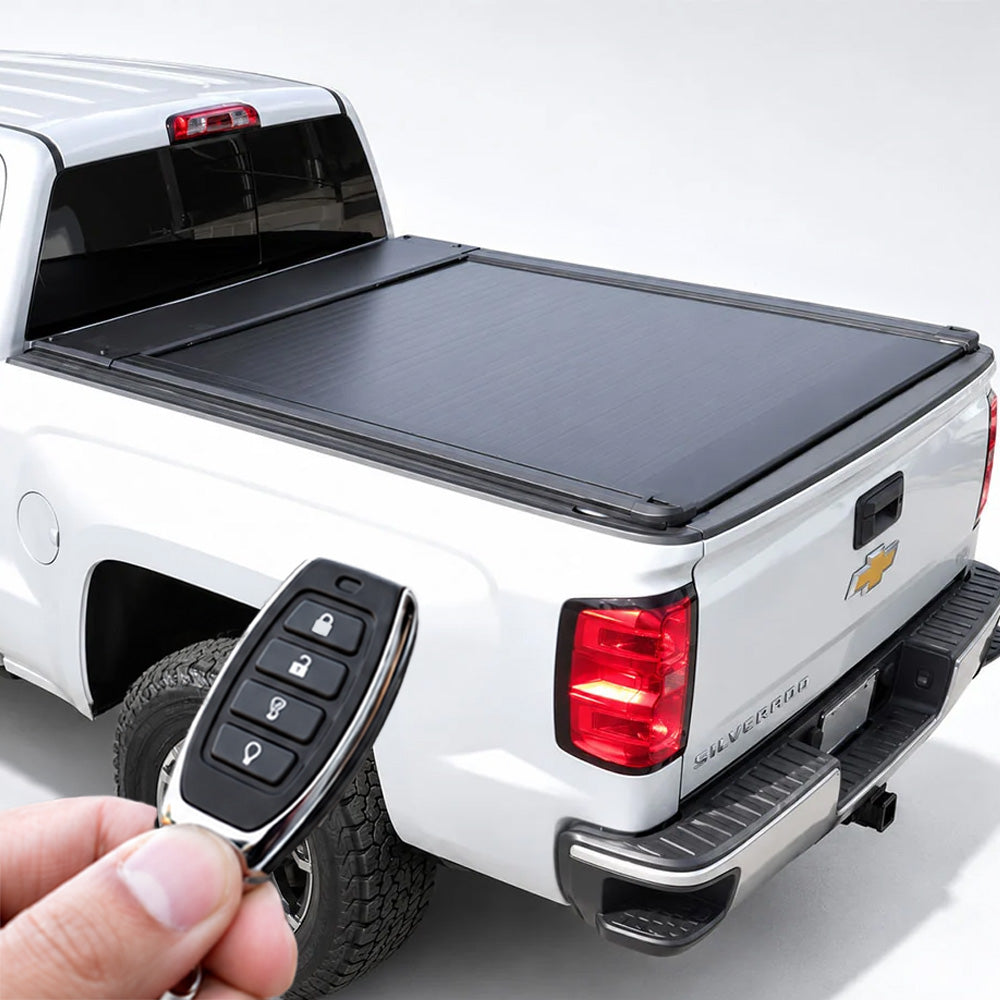 A truck bed cover installed on the bed of a white pickup truck, with a hand holding a key fob in the foreground.