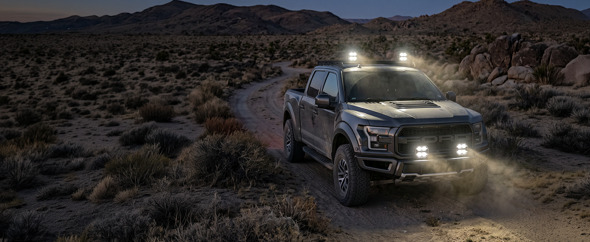 Ford Raptor truck driving on a dirt road in a desert landscape at night with headlights on.