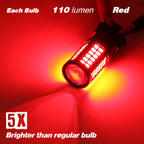 A red LED car light bulb shown glowing brightly on a red background with text overlays reading 'Each Bulb 110 lumen', 'Red', and 'Brighter than regular bulb'.