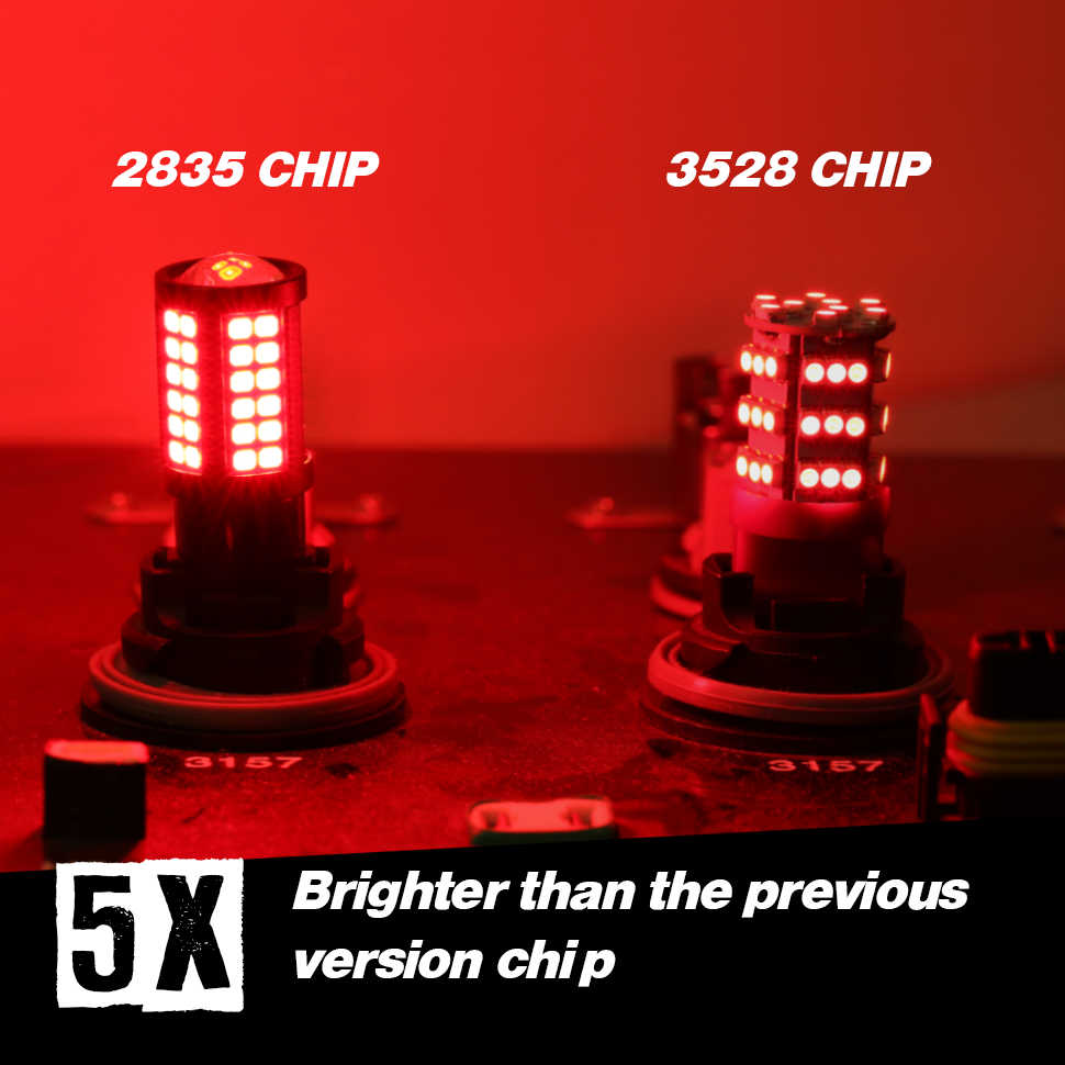 Two LED light bulbs labeled '2835 CHIP' and '3528 CHIP' glowing red, with text stating 'Brighter than the previous version chip' and a '5X' badge.