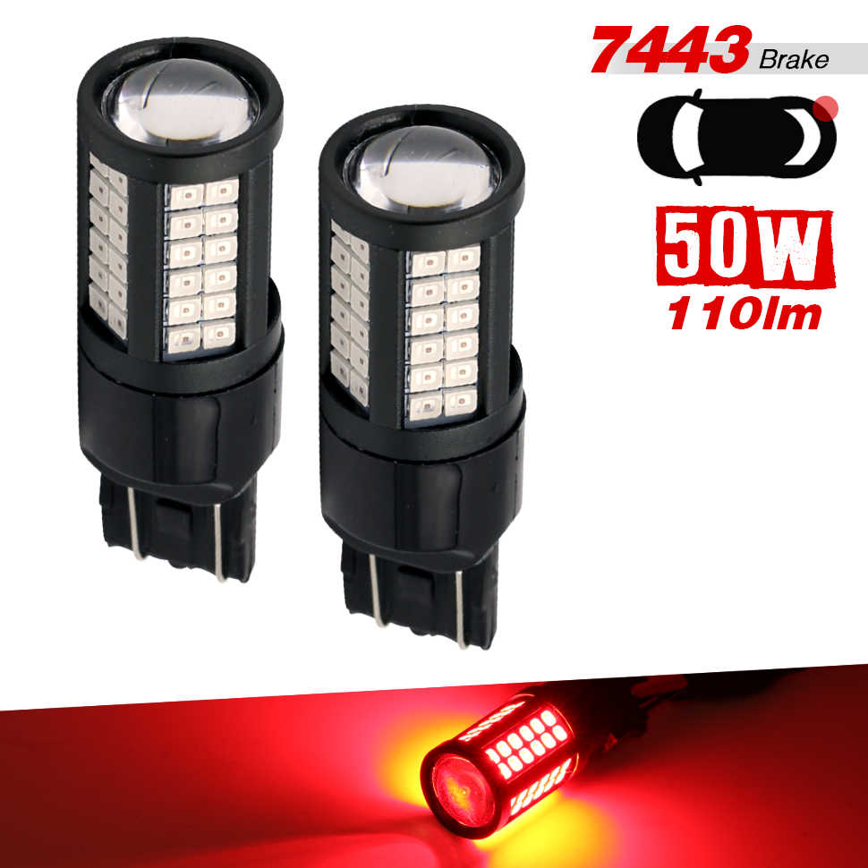 Two black LED brake light bulbs shown on a white background, with red text indicating 7443 Brake, 50W, and 110lm. A bottom red section shows the bulb illuminated in red light.