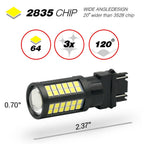A black 64 LED car bulb with multiple yellow LED chips, shown on a white background with feature callouts and dimensions.