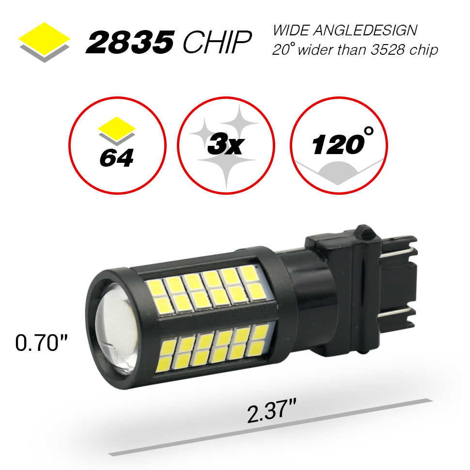 A black 64 LED car bulb with multiple yellow LED chips, shown on a white background with feature callouts and dimensions.