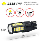 A 2835 chip wide angle LED 7443 bulb shown on a white background with feature callouts: 2835 chip text, 64 LEDs, 3x brightness, 120 degree beam angle, and dimensions 0.70 inches diameter and 2.