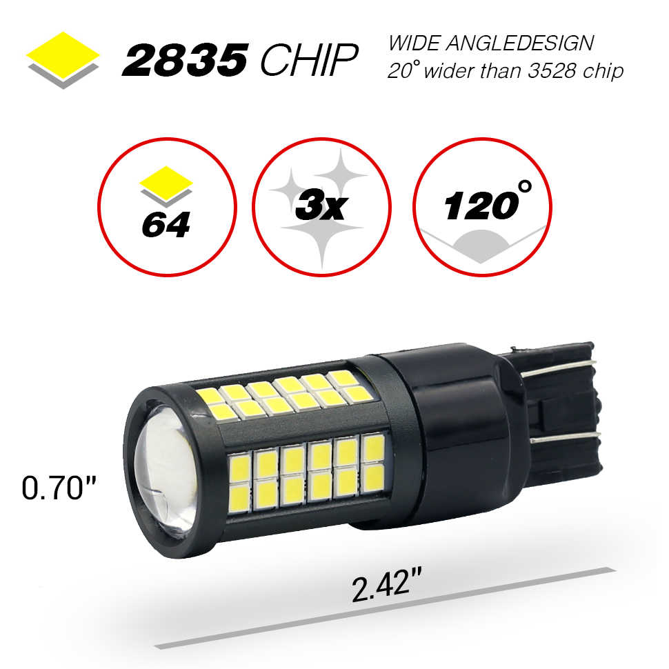 A 2835 chip wide angle LED 7443 bulb shown on a white background with feature callouts: 2835 chip text, 64 LEDs, 3x brightness, 120 degree beam angle, and dimensions 0.70 inches diameter and 2.