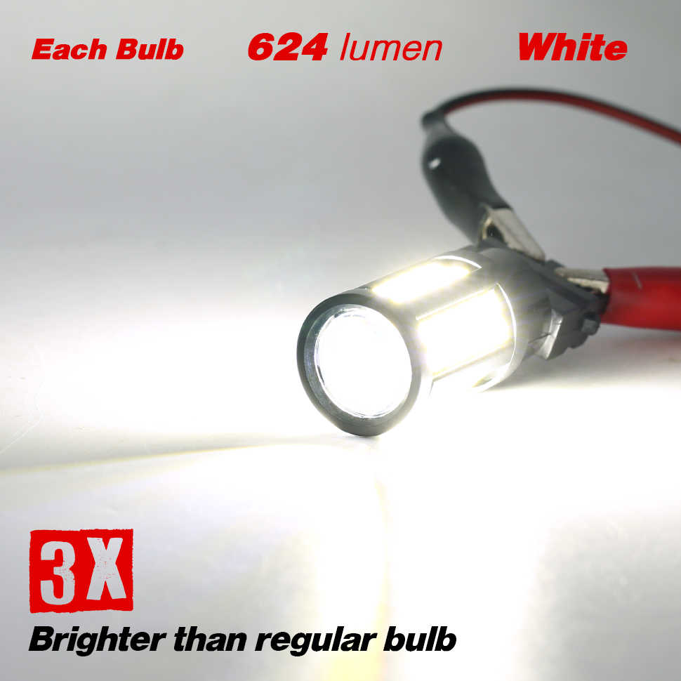 Three white LED car light bulbs with red and black wire leads, shown on a white background with text overlays stating 'Each Bulb 624 lumen', 'White', and '3X Brighter than regular bulb'.