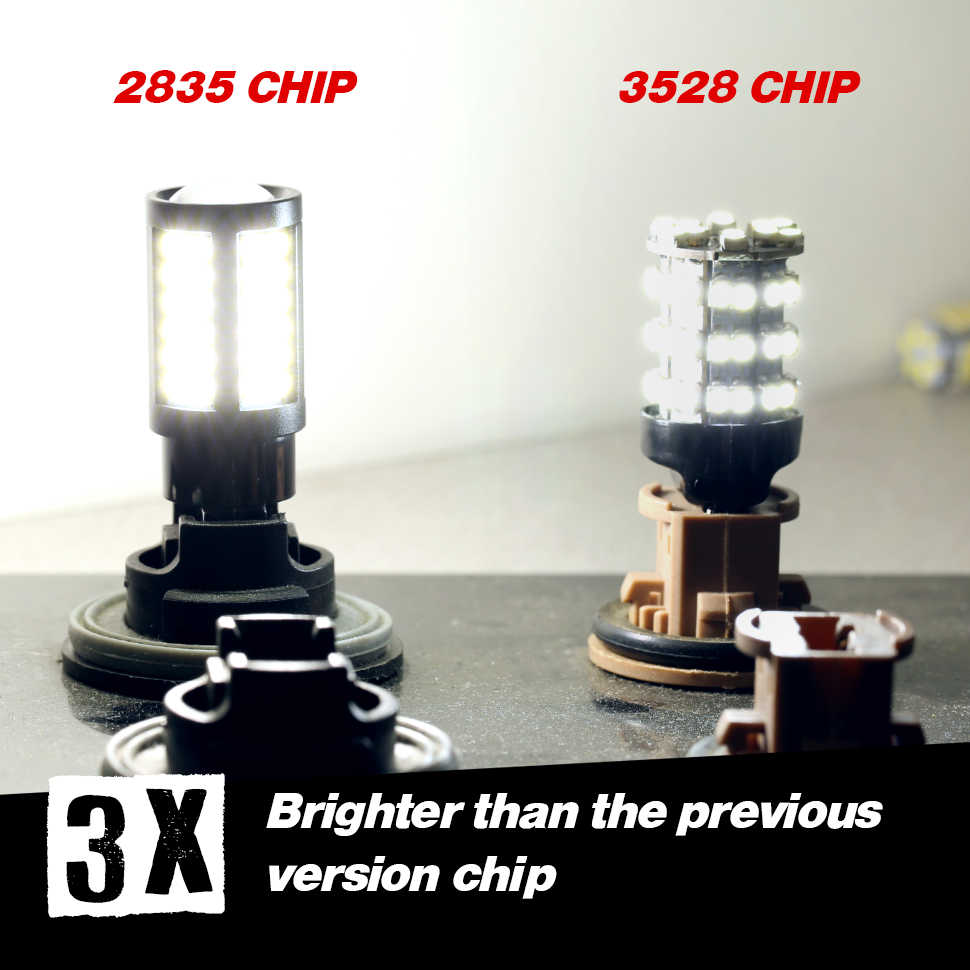 Two LED car light bulbs shown side by side on a dark surface, with red text reading '2835 CHIP' above the left bulb and '3528 CHIP' above the right bulb. A black banner at the bottom says '3X Brighter than the previous version chip'.