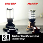 Two LED car light bulbs shown side by side on a dark surface, with red text reading '2835 CHIP' above the left bulb and '3528 CHIP' above the right bulb. A black banner at the bottom says '3X Brighter than the previous version chip'.