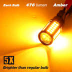 An amber LED car light bulb glowing brightly, with text overlays stating 'Each Bulb 476 lumen', 'Amber', and '5X Brighter than regular bulb'.