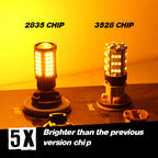 Two automotive LED light bulbs shown side by side on a dark surface against a yellow-orange glow background. The left bulb is labeled '2835 CHIP' and the right bulb '3528 CHIP', with text at the bottom reading 'Brighter than the previous version chip' and a '5X' badge.