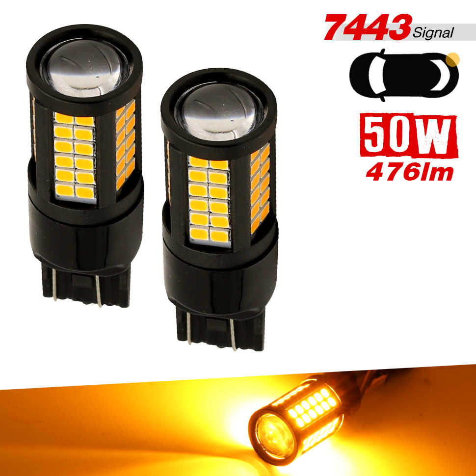 Two black 50W 476lm T10 LED signal flashlights shown on a white background, with text indicating 7443 signal and a bottom strip showing the illuminated amber light output.