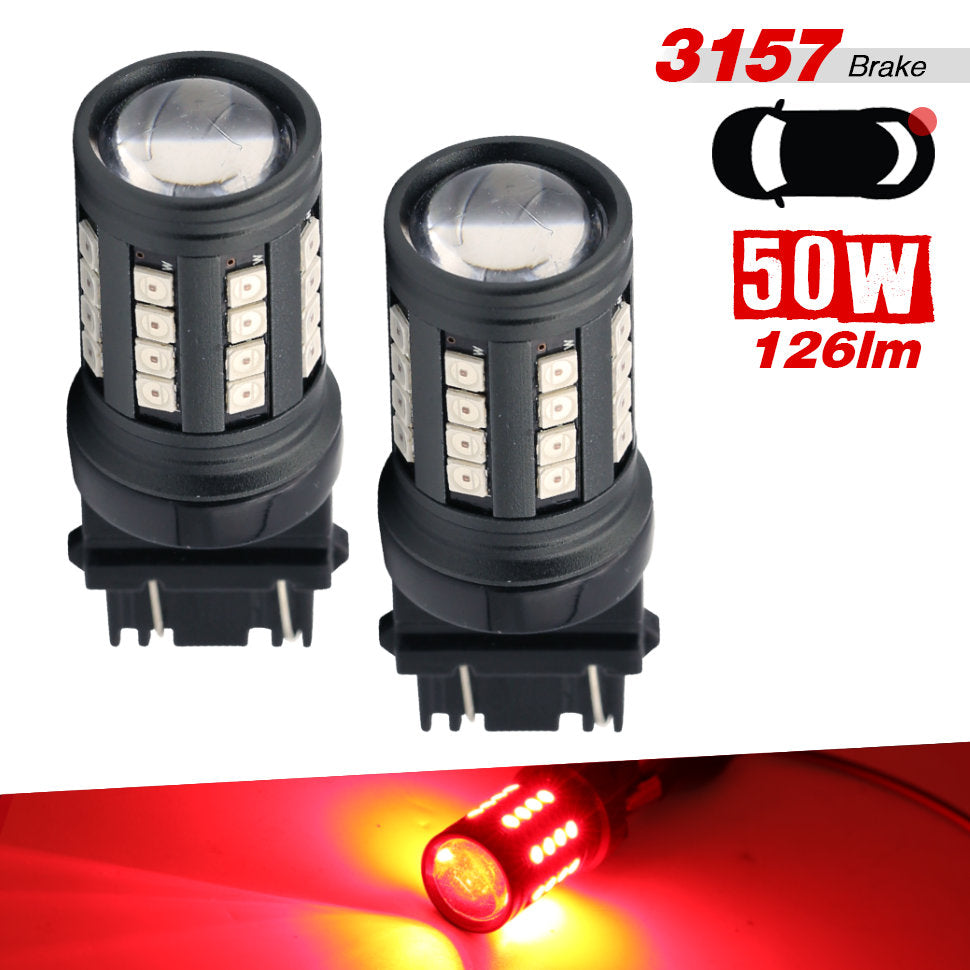 Two black 50W T10 brake light LED bulbs shown on a white background, with red text indicating 3157 brake, 50W, and 126lm, plus a bottom inset showing the illuminated red light output.