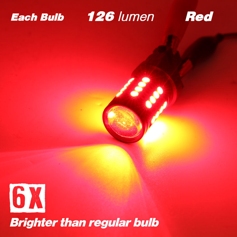 A red LED car light bulb with six illuminated LEDs, shown glowing brightly on a red background with text overlays stating 'Each Bulb 126 lumen Red' and '6X Brighter than regular bulb'.
