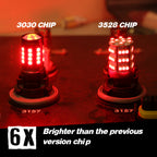 Two red LED light bulbs shown side by side on a dark surface, labeled '3030 CHIP' and '3528 CHIP,' with text at the bottom stating '6X Brighter than the previous version chip.'.