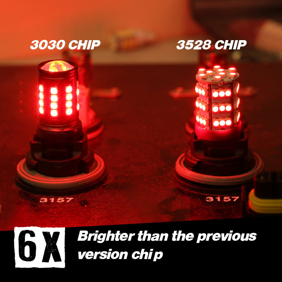 Two red LED light bulbs shown side by side on a dark surface, labeled '3030 CHIP' and '3528 CHIP,' with text at the bottom stating '6X Brighter than the previous version chip.'.