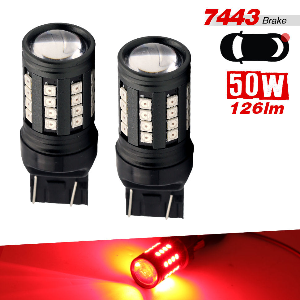 Two black LED brake lights shown on a white background, with red text reading 7443 Brake, 50W, and 126lm, plus a small inset showing the light glowing red.