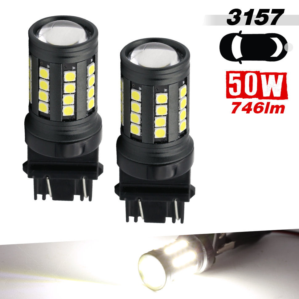 Two black 50W T10 LED car light bulbs with 3157 746lm brightness, shown on a white background with a small illuminated bulb close-up and text overlays.