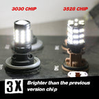 Two LED light bulbs labeled '3030 CHIP' and '3528 CHIP' on a dark surface, with text stating '3X Brighter than the previous version chip'.