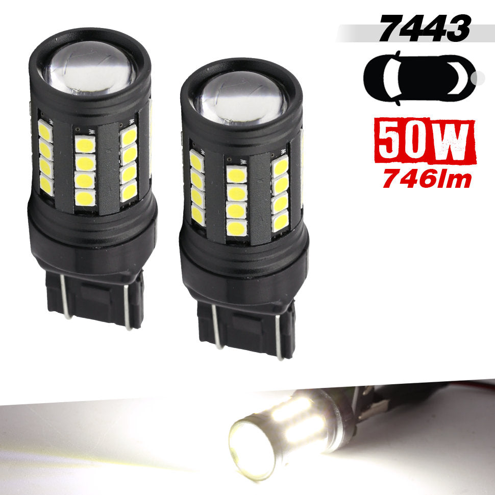 Two black 7443 T10 LED car light bulbs with multiple yellow SMD chips, shown on a white background with text indicating 50W and 746lm, plus a small illuminated bulb close-up at the bottom.