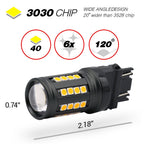 A 3030 LED light bulb with a black housing and yellow LED chips, shown on a white background with feature callouts and dimensions.