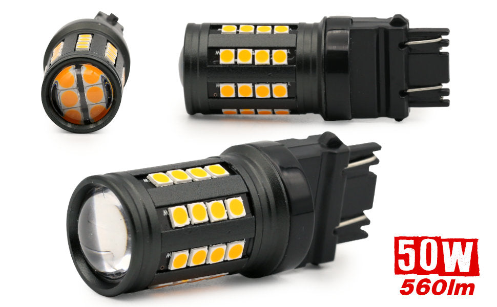 Three views of a black LED automotive light bulb with multiple yellow-orange LED chips, shown on a white background with a red '50W 560lm' text overlay.