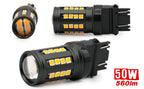 Three views of a black LED automotive light bulb with multiple yellow-orange LED chips, shown on a white background with a red '50W 560lm' text overlay.