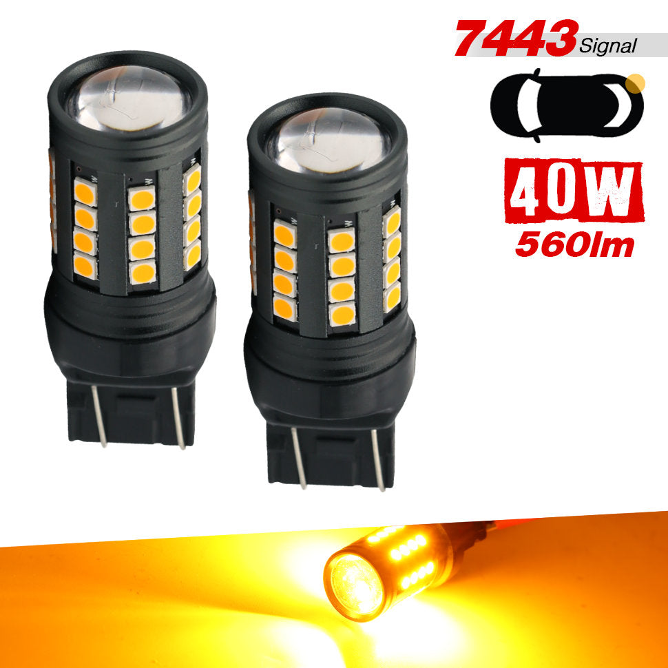 Two black 40W LED car bulb T10WI bases shown on a white background, with text indicating 7443 signal, 40W, and 560lm, plus an inset showing the bulb illuminated in amber.