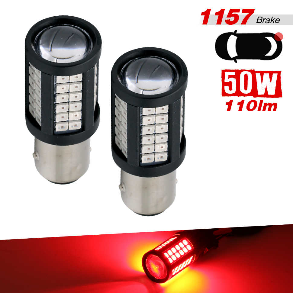 Two black and silver LED brake lights for cars, with text indicating 1157 Brake, 50W, and 110lm, plus a red illuminated view at the bottom.