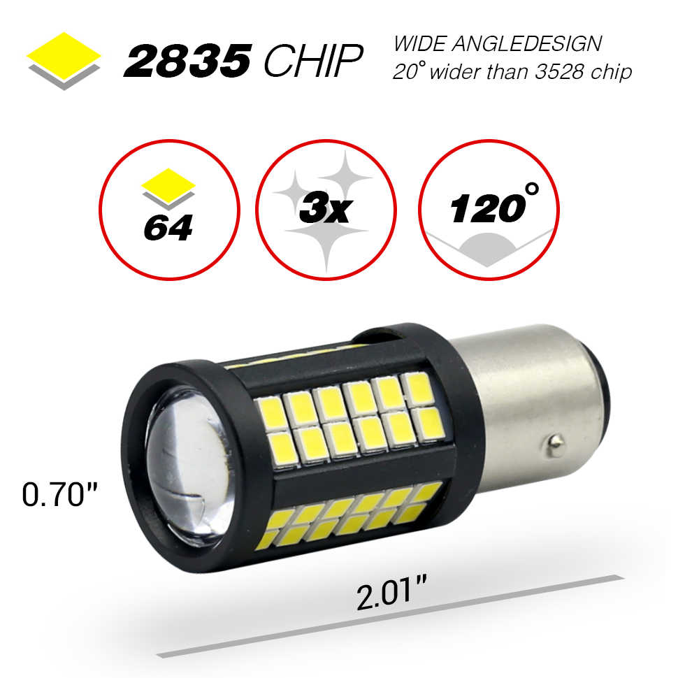 A 2835 chip wide angle LED light bulb with a 1157 base, shown on a white background with technical specifications and dimension labels.