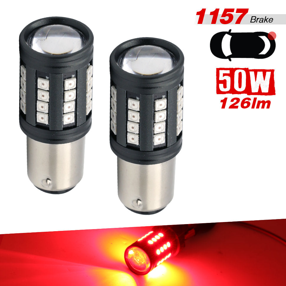 Two black and silver LED brake lights shown on a white background, with red text indicating 1157 Brake, 50W, and 126lm. A bottom strip shows the lights illuminated in red and yellow.