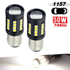 Two 1157 LED car bumper lights shown on a white background, with text indicating 50W, 746lm, and a small inset showing the illuminated light beam.