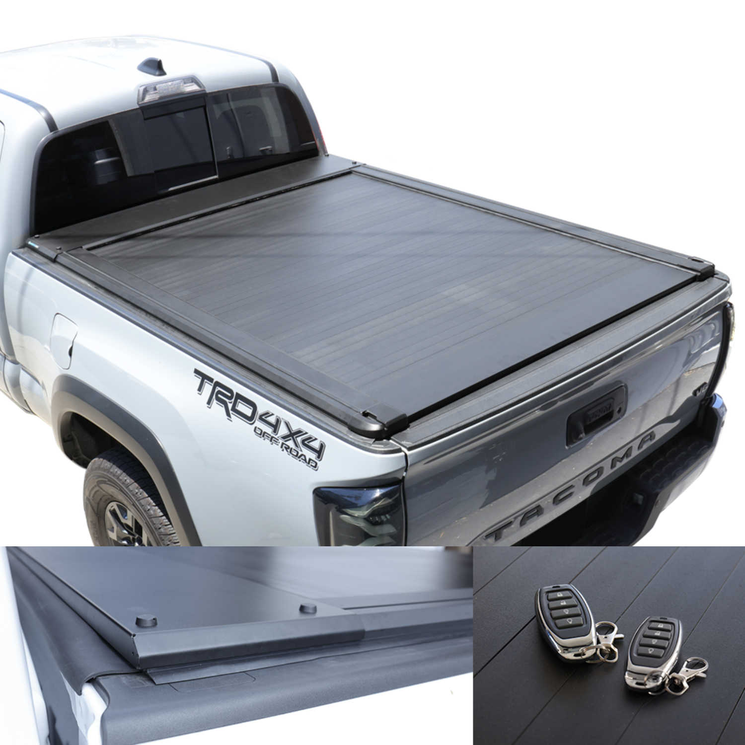Silver Toyota Tacoma truck with a tonneau cover and remote controls on a white background